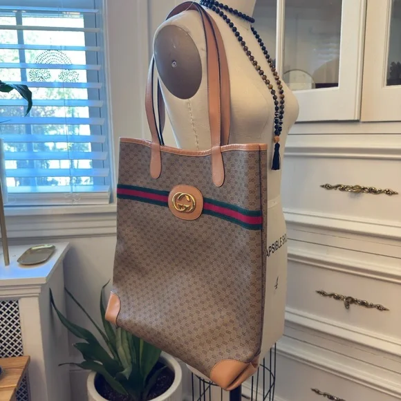 Gucci Vintage Sherry Line Tote with Classic Red and Green Stripe